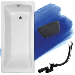 Baignoire rectangulaire 160 x 70 OPTIMA acrylique blanc, sans Habillage + Repose Tête + Pieds + Vidage à chromé