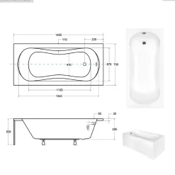 Baignoire rectangulaire - 150 x 70 cm - avec Habillage - Pieds - Poignées - Vidage Chrome - ARIA PLUS