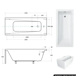 Baignoire rectangulaire - avec Tablier Blanc et Repose Tête OFFERT - MODERN - 150 x 70 cm