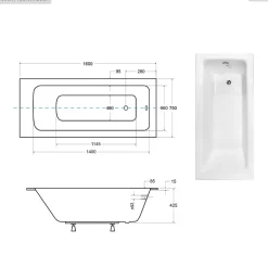 Baignoire rectangulaire - 160 x 70 cm - sans Habillage - avec Pieds - Vidage Chrome - TALIA SLIM