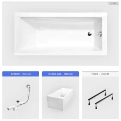 Baignoire rectangulaire - 170 x 70 cm - avec Habillage Polystyrène - Pieds - Vidage Chrome - MODERN SLIM