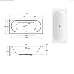 Baignoire rectangulaire - 160 x 75 cm - sans Habillage - avec Pieds - Vidage Chrome - VITAE SLIM