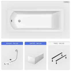 Baignoire rectangulaire - 180 x 80 cm - avec Tablier - Pieds - Vidage Chrome - SHEA