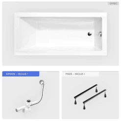Baignoire rectangulaire - 170 x 70 cm - sans Habillage - avec Pieds - Vidage Chrome - MODERN