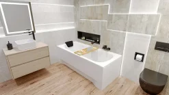Baignoire rectangulaire 180 x 80 BONA acrylique blanc, sans Habillage + Repose Tête + Étagère bambou + Pieds + Vidage à chromé