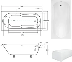 Baignoire rectangulaire 180 x 80 BONA acrylique blanc, sans Habillage + Repose Tête + Étagère bambou + Pieds + Vidage à chromé