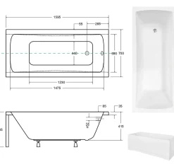 Baignoire rectangulaire + tablier blanc + repose tête - OPTIMA - 160 x 70 cm
