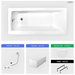 Baignoire rectangulaire - 160 x 75 cm - avec Tablier Blanc - Pieds - Poignées - Repose-tête - Vidage Chrome - TALIA PREMIUM