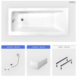Baignoire rectangulaire - 160 x 75 cm - avec Tablier Blanc - Pieds - Vidage Chrome - TALIA