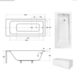 Baignoire rectangulaire - 160 x 75 cm - avec Tablier Blanc - Pieds - Vidage Chrome - TALIA