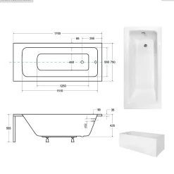 Baignoire rectangulaire - 170 x 75 cm - avec Tablier Blanc - Pieds - Vidage Chrome - TALIA