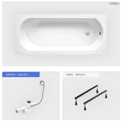 Baignoire rectangulaire - 160 x 75 cm - sans Habillage - avec Pieds - Vidage Chrome - INTRICA