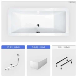Baignoire rectangulaire - 175 x 80 cm - avec Tablier - Pieds - Vidage Chrome - QUADRO