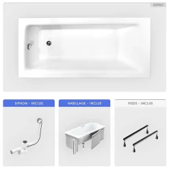 Baignoire rectangulaire - 110 x 70 cm - avec Habillage - Pieds - Vidage Chrome - TALIA