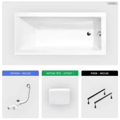 Baignoire rectangulaire - 180 x 80 cm - sans Habillage - avec Pieds - Repose-tête - Vidage Chrome - MODERN