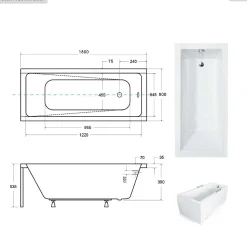 Baignoire rectangulaire - 180 x 80 cm - sans Habillage - avec Pieds - Repose-tête - Vidage Chrome - MODERN