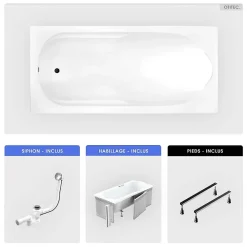 Baignoire rectangulaire - 190 x 80 cm - avec Habillage - Pieds - Vidage Chrome - BONA