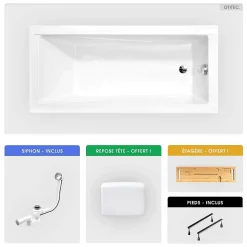 Baignoire rectangulaire - 180 x 80 cm - sans Habillage - avec Pieds - Repose-tête - Étagère bambou - Vidage Chrome - MODERN