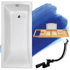 Baignoire rectangulaire 170 x 70 OPTIMA acrylique blanc, sans Habillage + Étagère bambou + Pieds + Vidage à chromé