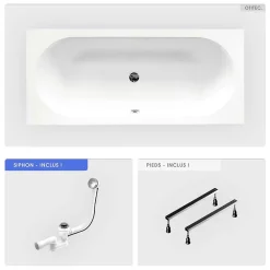 Baignoire rectangulaire - 150 x 75 cm - sans Habillage - avec Pieds - Vidage Chrome - VITAE SLIM