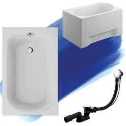 Baignoire rectangulaire 110 x 70 MINI acrylique blanc + avec Tablier + Pieds + Vidage à chromé