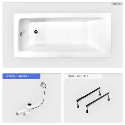 Baignoire rectangulaire - 170 x 75 cm - sans Habillage - avec Pieds - Vidage Chrome - TALIA