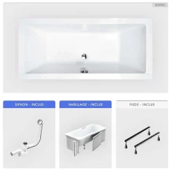 Baignoire rectangulaire - 190 x 90 cm - avec Habillage - Pieds - Vidage Chrome - QUADRO SLIM