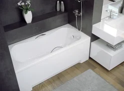 Baignoire rectangulaire 140 x 70 ARIA PLUS acrylique blanc + avec Tablier + Poignées + Pieds + Vidage à chromé