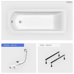 Baignoire rectangulaire - 160 x 70 cm - sans Habillage - avec Pieds - Vidage Chrome - SHEA