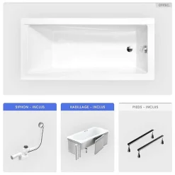 Baignoire rectangulaire - 170 x 70 cm - avec Habillage - Pieds - Vidage Chrome - MODERN