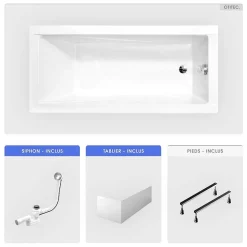 Baignoire rectangulaire - 180 x 80 cm - avec Tablier Blanc - Pieds - Vidage Chrome - MODERN