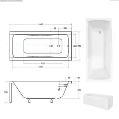 Baignoire rectangulaire - 160 x 70 cm - avec Habillage - Pieds - Vidage Chrome - OPTIMA