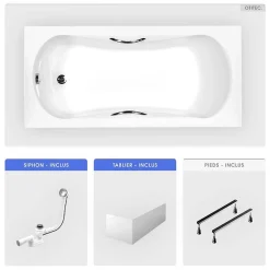 Baignoire rectangulaire - 140 x 70 cm - avec Tablier Blanc - Pieds - Poignées - Vidage Chrome - ARIA PLUS