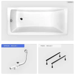 Baignoire rectangulaire - 170 x 70 cm - sans Habillage - avec Pieds - Vidage Chrome - OPTIMA