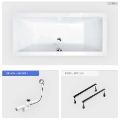 Baignoire rectangulaire - 155 x 70 cm - sans Habillage - avec Pieds - Vidage Chrome - QUADRO SLIM