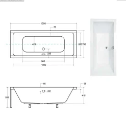Baignoire rectangulaire - 155 x 70 cm - sans Habillage - avec Pieds - Vidage Chrome - QUADRO SLIM