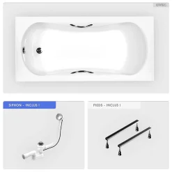 Baignoire rectangulaire - 170 x 70 cm - sans Habillage - avec Pieds - Poignées - Vidage Chrome - ARIA PLUS