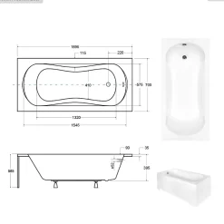 Baignoire rectangulaire - 170 x 70 cm - sans Habillage - avec Pieds - Poignées - Vidage Chrome - ARIA PLUS