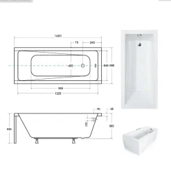 Baignoire rectangulaire - 160 x 70 cm - avec Tablier Blanc - Pieds - Vidage Chrome - MODERN