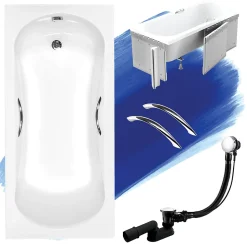 Baignoire rectangulaire 140 x 70 ARIA PLUS acrylique blanc + Habillage en polystyrène + Poignées + Pieds + Vidage à chromé
