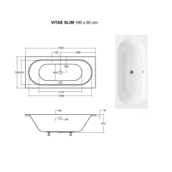 Baignoire rectangulaire blanche à encastrer + repose tête - 180 x 80 cm - VITAE SLIM