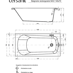 Baignoire rectangulaire gain de place 140x70 cm NAO encastrable (SANS TABLIER)