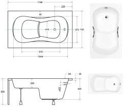 Baignoire rectangulaire 120x70 ARIA REHAB acrylique blanc + Support stabilisateur en polystyrène + Poignées +Pieds+Vidage à chromé