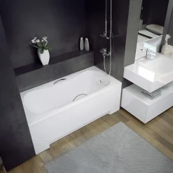 Baignoire rectangulaire 150x70 ARIA PLUS acrylique blanc + Support stabilisateur en polystyrène +Poignées +Pieds + Vidage à chromé