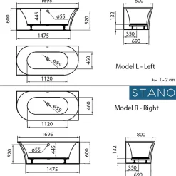 Baignoire semi-îlot design ELIZABETH blanche 170 cm Angle à droite