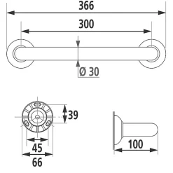 Barre d'appui droite aluminium blanc - 300 mm - Diamètre 30 mm - Pellet ASC