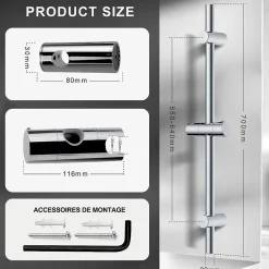 Barre de douche 70cm en Acier Inoxydable Chromé avec Fixations ajustables