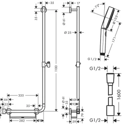 Barre de douche PMR HANSGROHE Unica 110 avec poignée à gauche Chromé + Pommeau de douche Pulsify 3 jets + flexible Isiflex 160cm