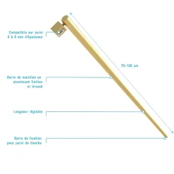 Barre de fixation murale OR DORE BROSSE réglable de 70 à 100cm pour paroi de douche FREEDOM 2 GOLD