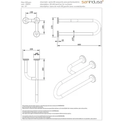 Barre de relèvement et appui en U avec renfort latéral à gauche PMR normes handicapé SANINDUSA NewWCCare 60 inox brossé